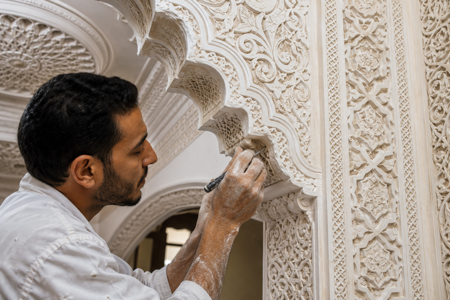 Artisan réalisant une sculpture en plâtre traditionnel marocain avec motifs géométriques détaillés