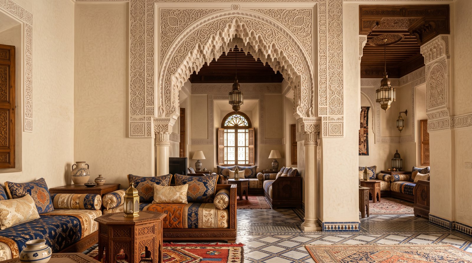 Arche marocaine en plâtre traditionnel sculptée à la main dans un salon élégant